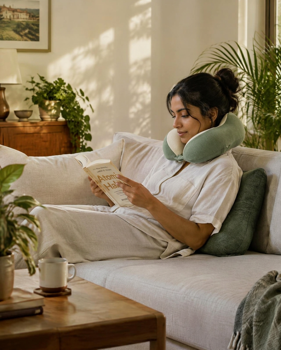 A woman reading on a sofa, resting against a sage cushion